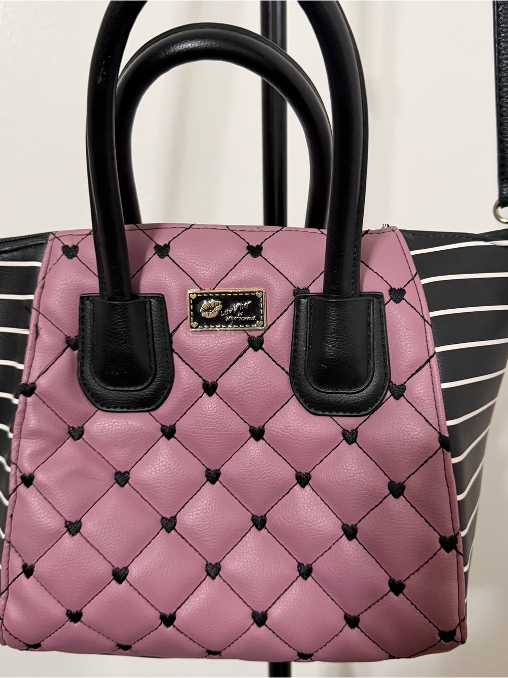 Betsey Johnson Pink Quilted Satchel with Black Heart Stitching
